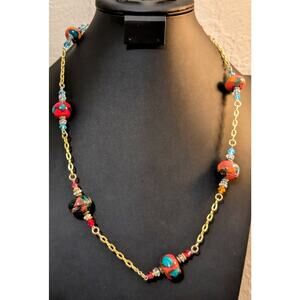 MURANO Glass Crystal Bead Gold Tone Chain Link Toggle Clasp Necklace